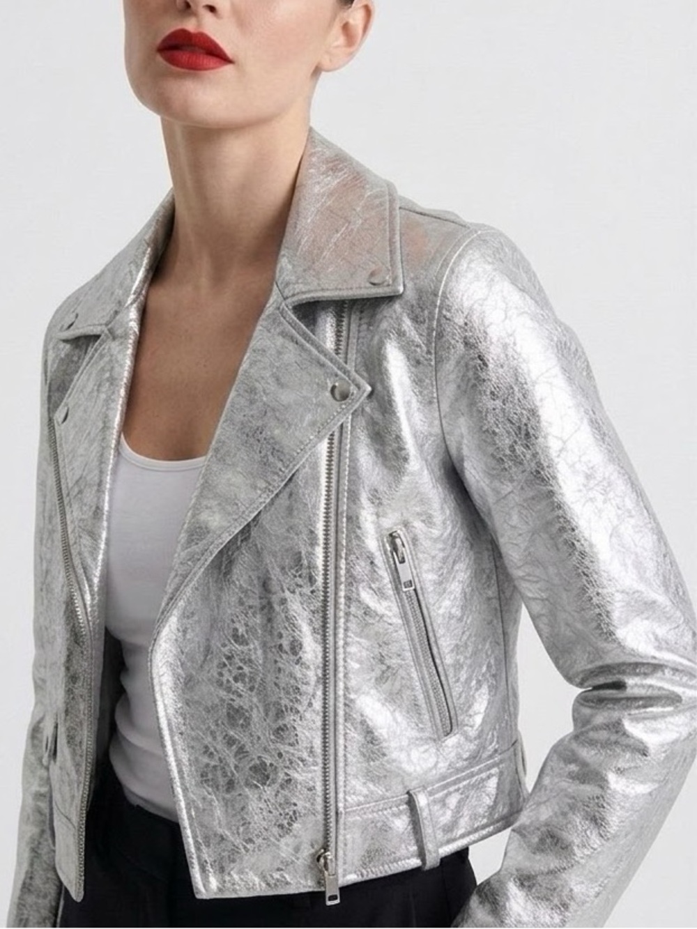 ❤️ Zara Women's Shiny Silver Metallic Distressed Faux Leather Moto Jacket XS